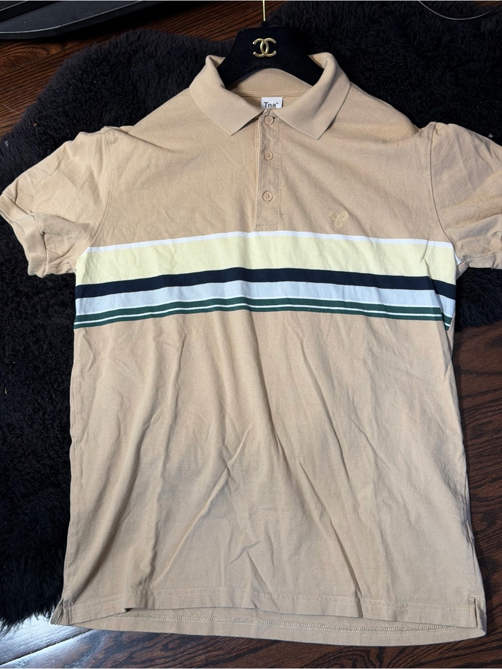 Tna Men's Polo Shirt Beige White Yellow Blue Green Stripe XS